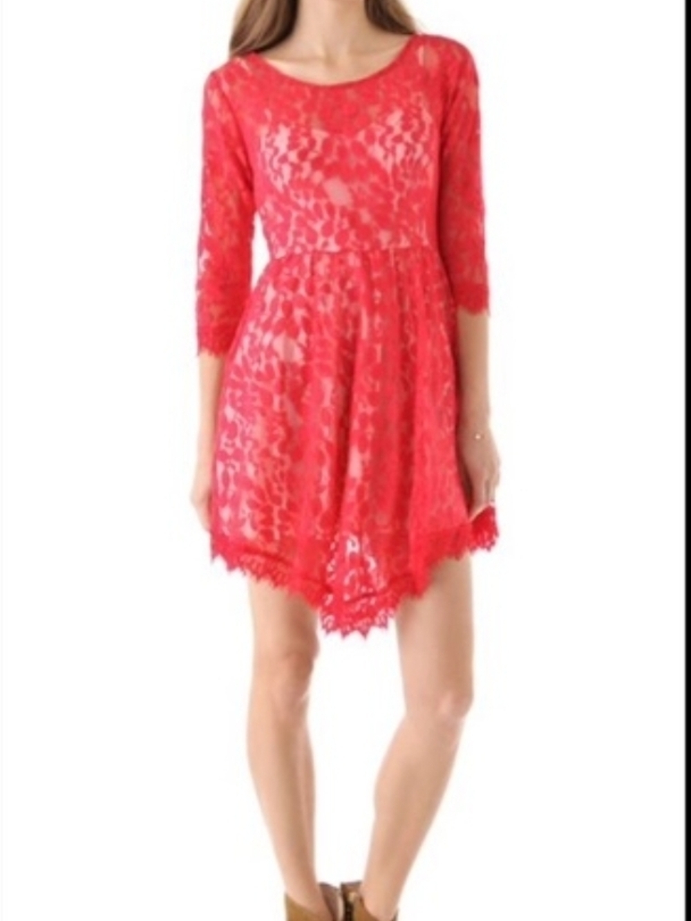 Free People Pink On Pink Mini Floral Mesh Lace Dress 3/4 Sleeve Size 2 Fairycore - Picture 2 of 12